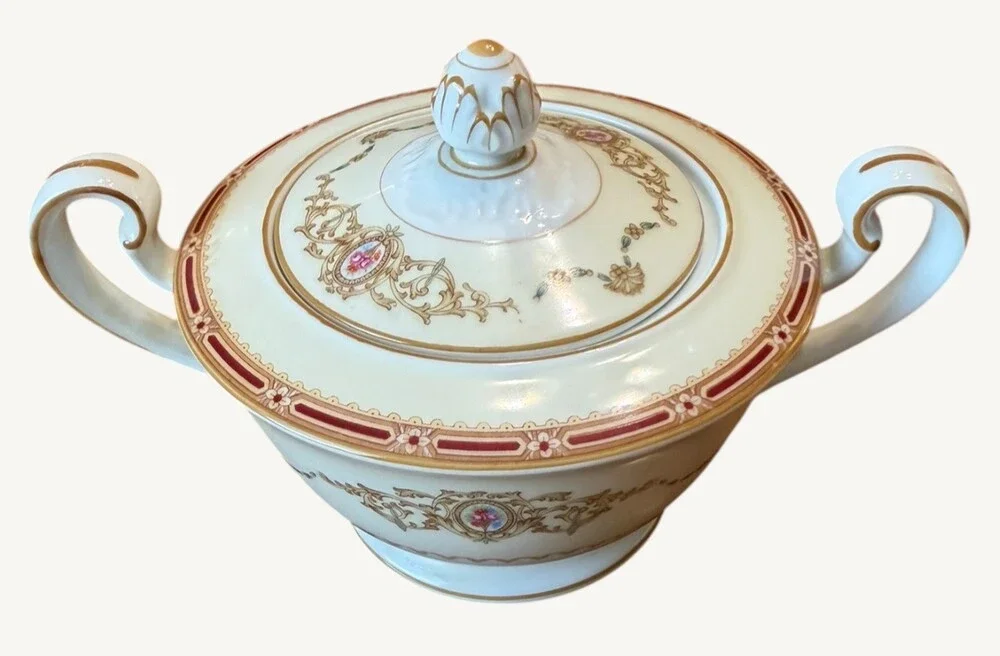 Vintage Noritake N662 Covered Sugar Bowl Floral Medallion Red Mustard Japan